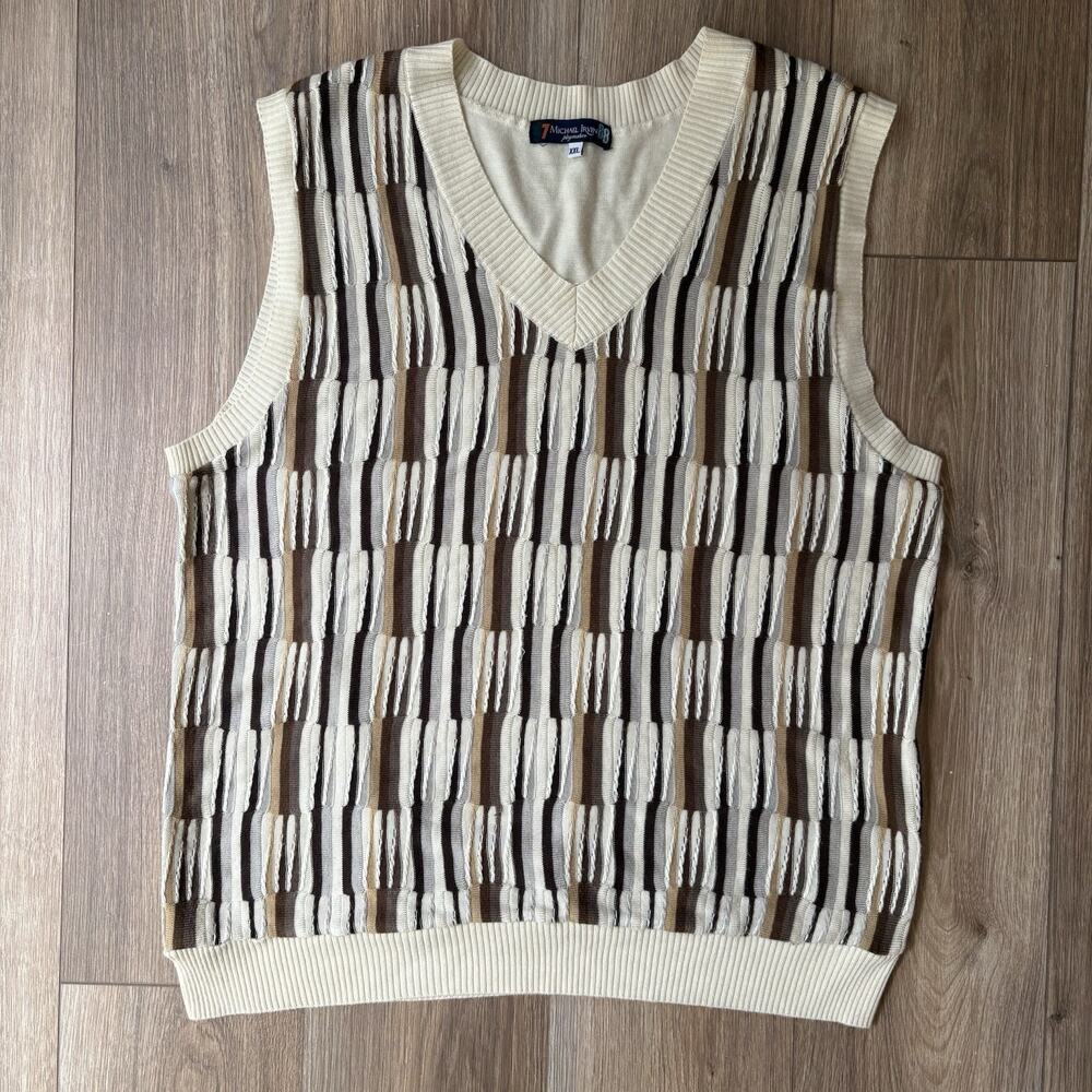 Michael Irvin Playmaker Men's XXL V-Neck Striped Knit Sweater Vest Beige Brown